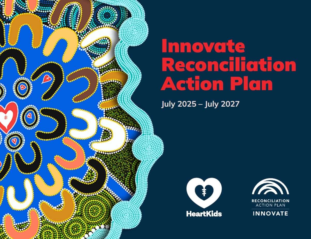 HeartKids Innovate Reconciliation Action Plan (2025–2027) Promotional graphic for HeartKids' Innovate Reconciliation Action Plan (July 2025–July 2027), featuring vibrant Indigenous Australian artwork with symmetrical dot patterns and organic shapes in blue, yellow, green, red, and white.